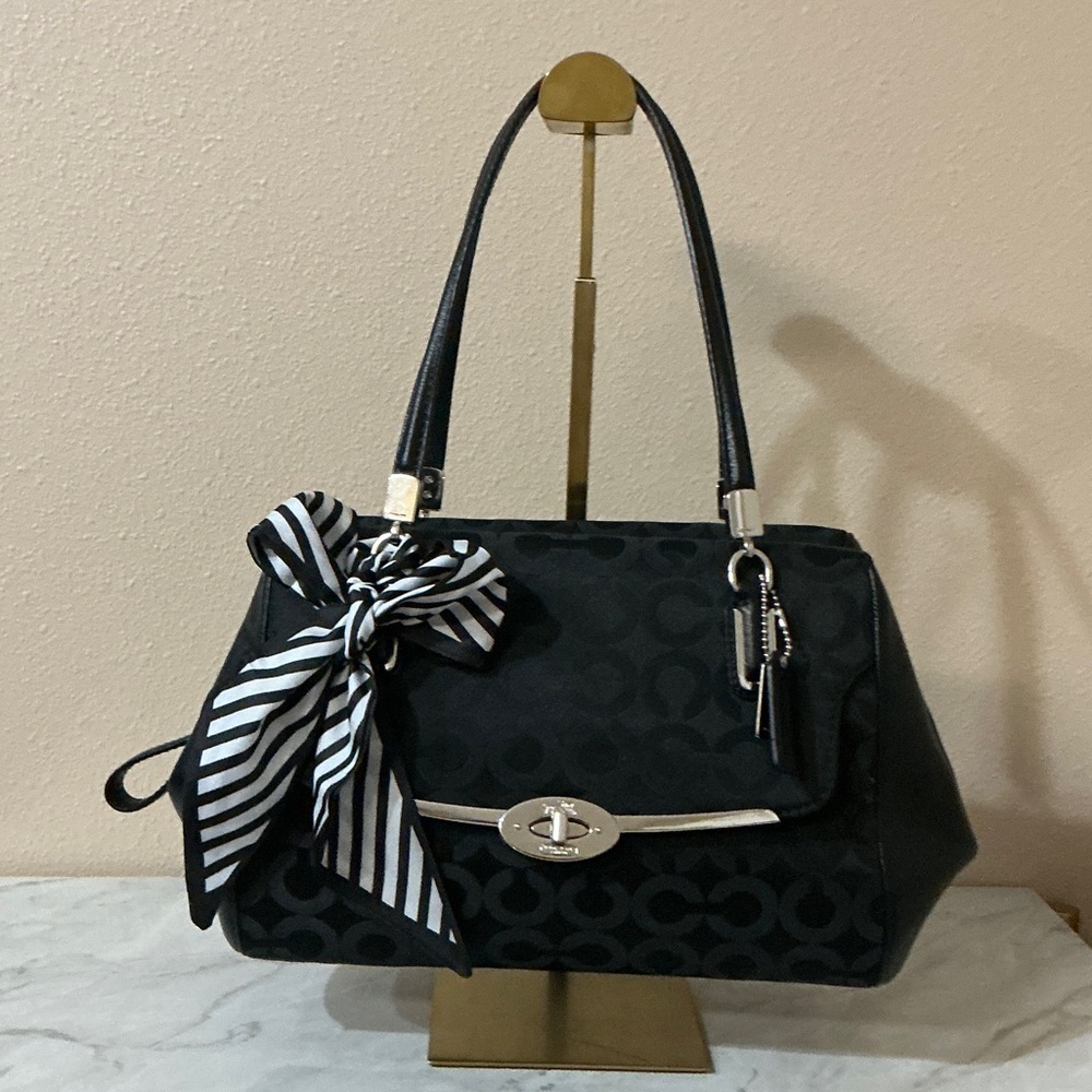Coach Madison Op Art Sateen Madeline Satchel with silver hardware. (ECU)